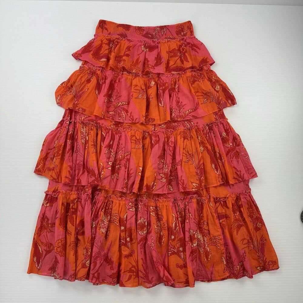 Free People Sawyer Maxi Skirt M Pink Orange Tropical Tiered Ruffle Boho Cotton - Picture 6 of 10